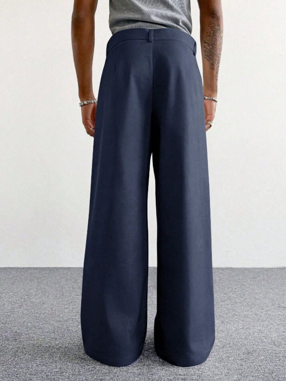 Navy Blue Casual Men's Wide Leg Pants - Picture 2 of 8